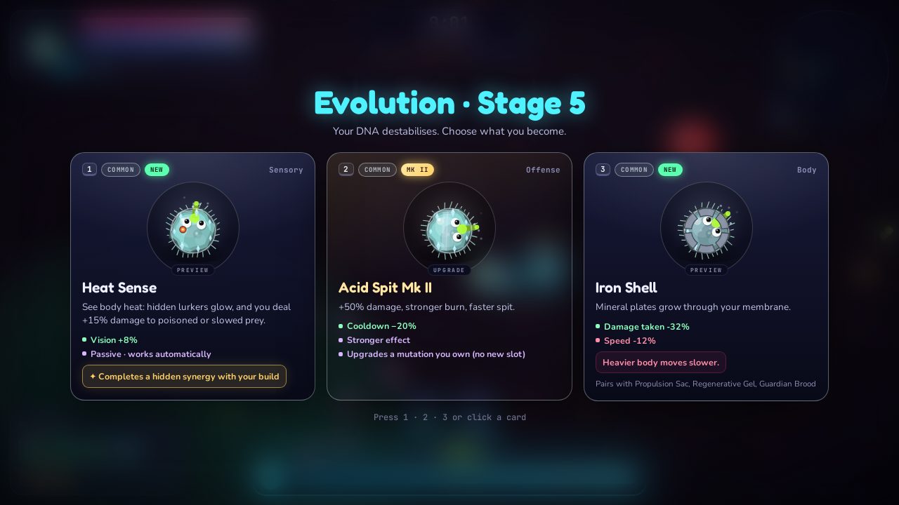 Choosing one of three mutation cards in Slime Kingdom