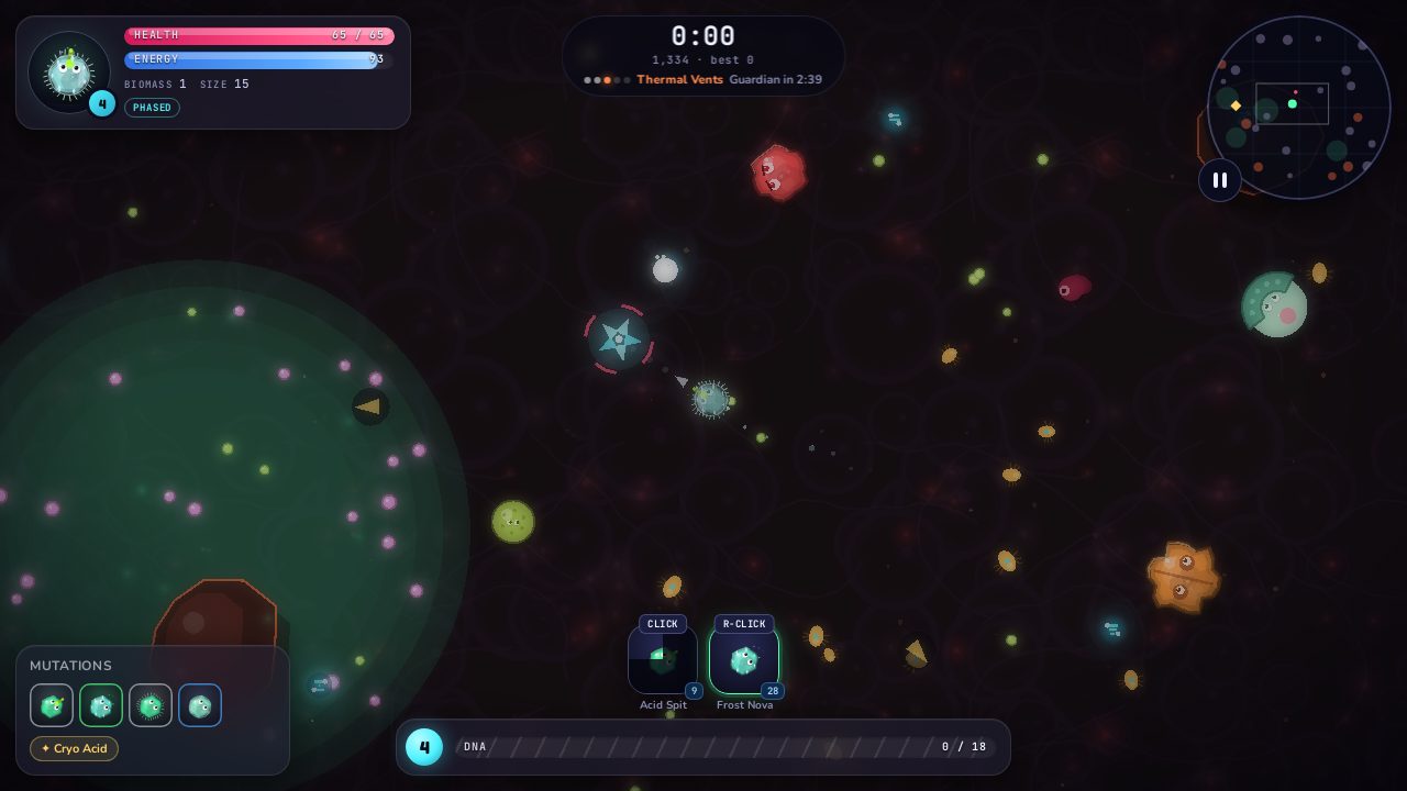Slime Kingdom gameplay: a green slime surrounded by nutrients and smaller creatures